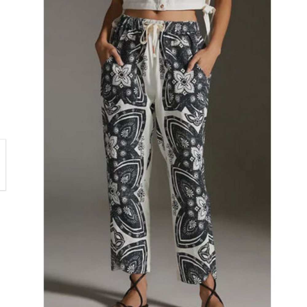 Anthropologie Pilcro 2X NWT Linen Surf Pants tattoo Floral Black White New Plus